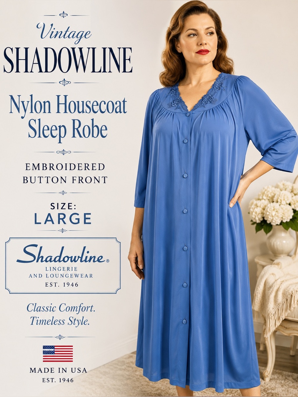 VTG Shadowline Blue Housecoat Robe Embroidered Floral Large